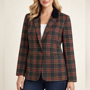Sac Harbor Plaid Blazer Wool Blend Velvet Collar Women’s Size 10